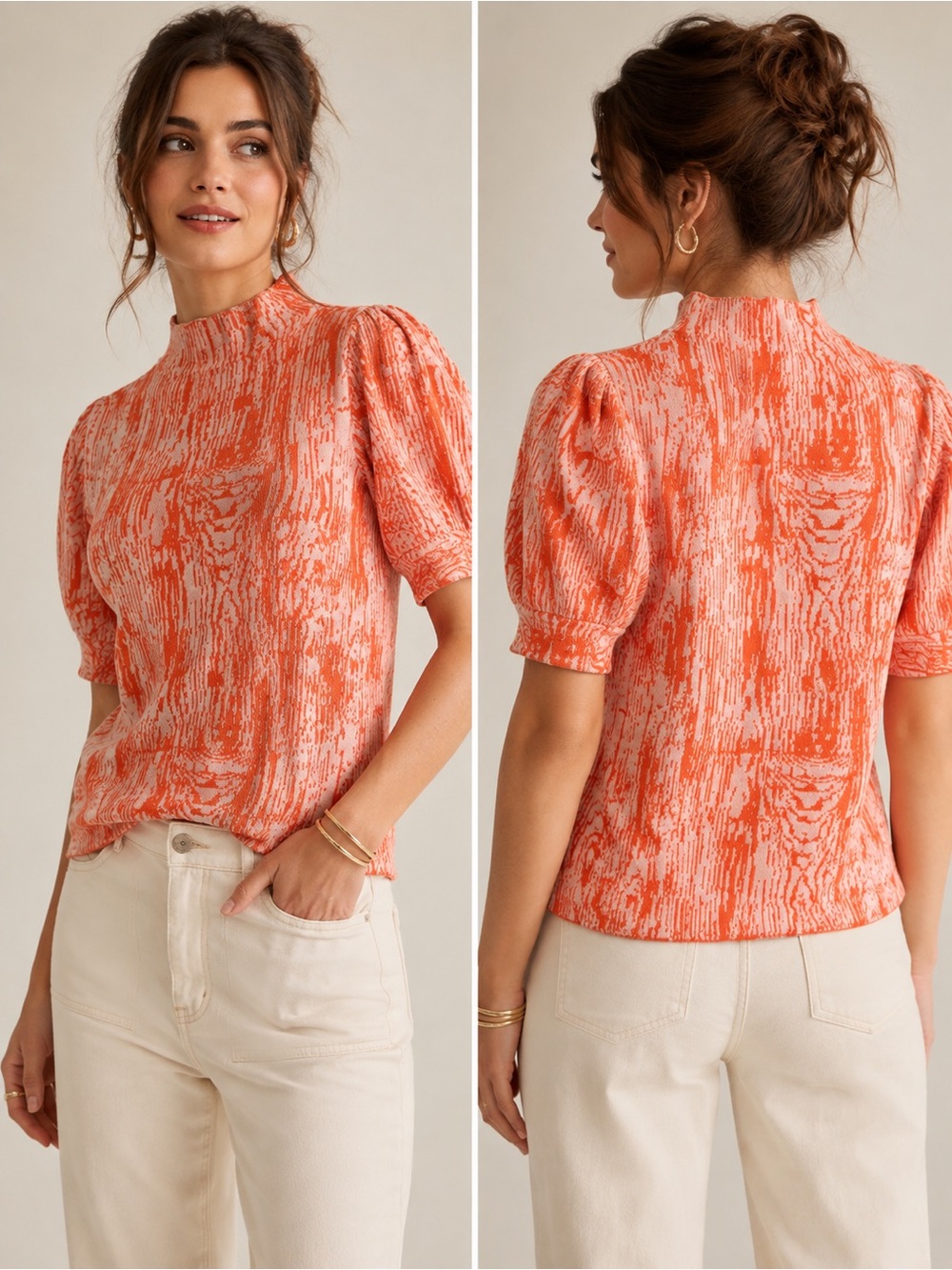 Maeve Anthropologie Orange Abstract Mock Neck Knit Sweater Tee size Small